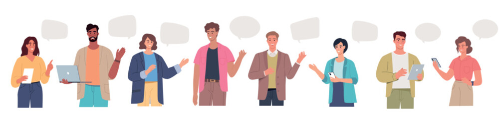 Different young people chat and work together. Colorful cartoon characters vector set