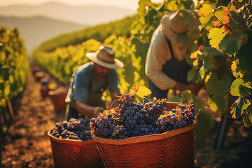 Dedicated workers maneuver through vineyard rows, meticulously picking ripe grapes into woven baskets - obrazy, fototapety, plakaty