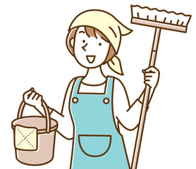 モップとバケツを持って笑顔で働く若いハウスキーパーの女性 © usagiya