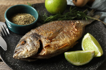 Delicious dorado fish served on plate, closeup