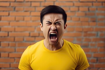 Anger Asian Man In A Yellow Tshirt On Brick Wall Background. Сoncept Asian Representation In Western Media, Anger Management Strategies, Representation Of Emotion In Clothing, Color Psychology - obrazy, fototapety, plakaty
