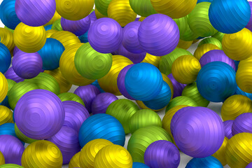 Many of flying multicolor fitness ball or fitball falling on white background