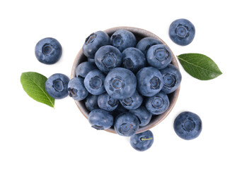 Fresh ripe blueberries and leaves isolated on white, top view