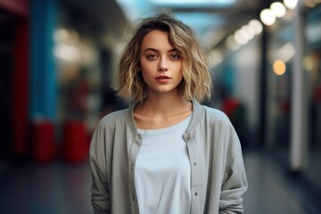 Portrait of a Young Slim Fictional White Woman in an Urban Environment. Generative AI.