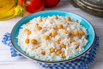 Turkish Rice with chickpea served, Turkish name; Nohutlu pilav or pilaf