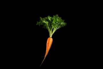 Fresh carrot with green leaves isolated on black background. Healthy food and vegetables