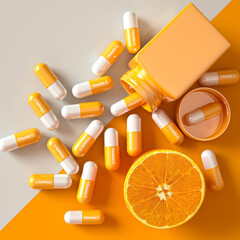 Medical and scientific concepts, vitamin C capsule, orange, open bottle packaging, top view, yellow background, 3d rendering