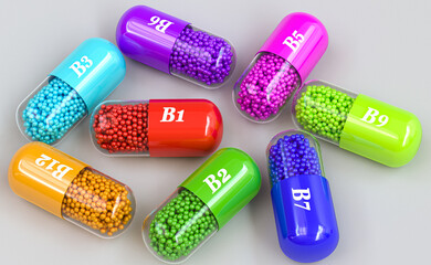 Medical background, vitamin group B, B1, B2, B3, B5, B6, B7, B9, B12, multi-colored capsules, 3d rendering, top view