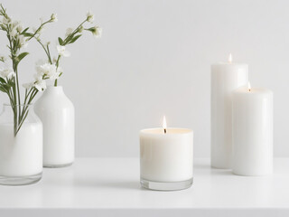 "Minimalist Elegance: Scented Candle Illuminating a White Table Amidst Modern Vases, Creating a Chic and Tranquil Atmosphere"