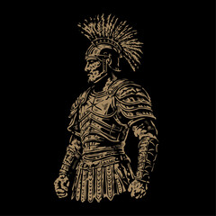 Fototapeta premium an illustration of a spartan warrior in gold color with a vintage old stamp illustration