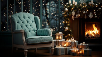 Fototapeta na wymiar Cozy chair by a warm fireplace, Christmas holidays