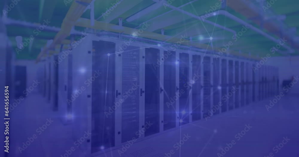 Poster animation of connected dots over data server systems in server room