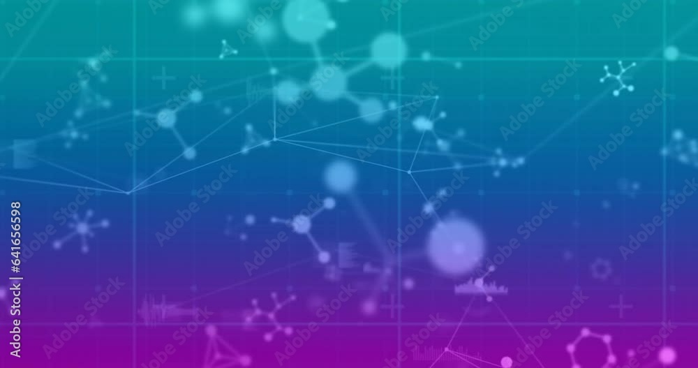 Poster animation of connected dots with graph icons, floating nucleotides over gradient background