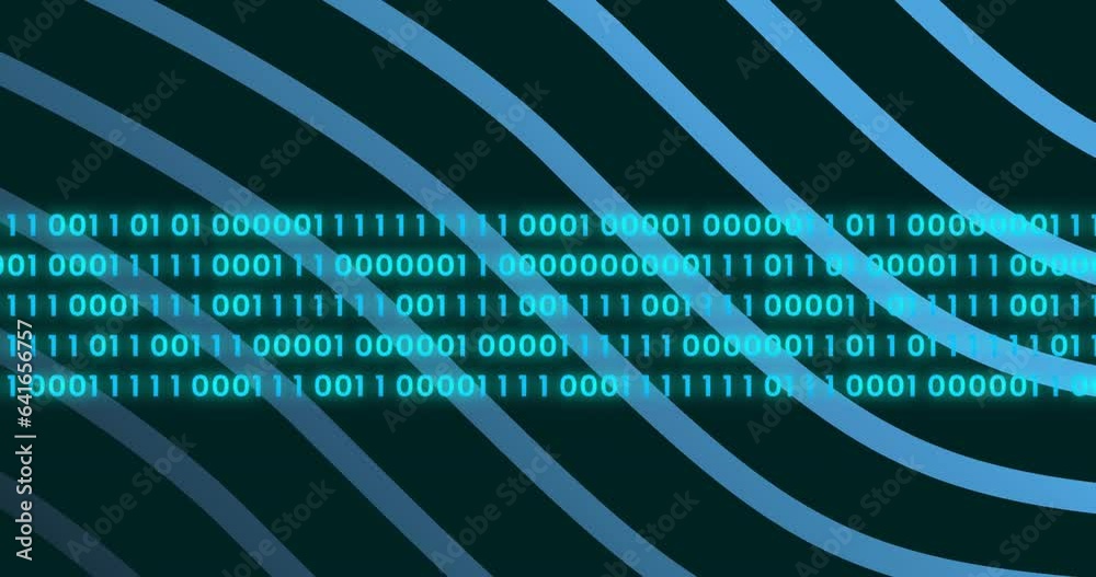 Poster animation of blue lines over moving illuminated binary codes