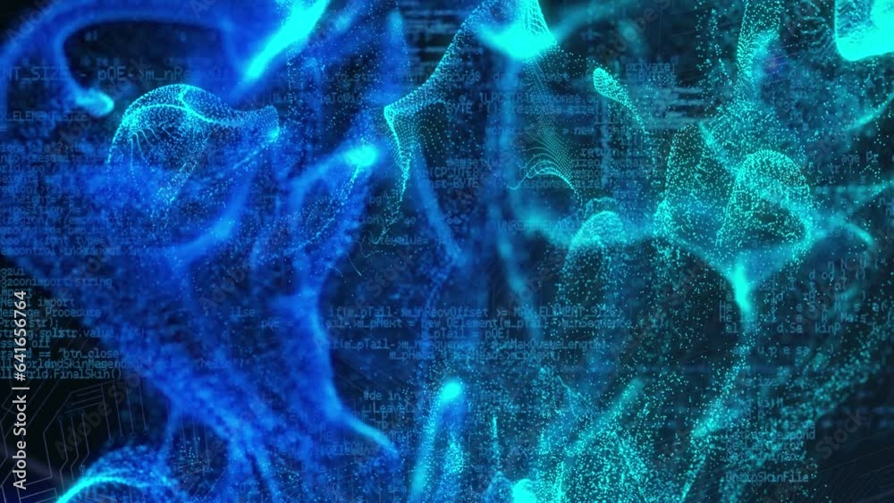 Poster animation of blue programming language and dynamic wave of dots