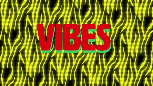 Animation of vibes text and sun over yellow wave patterned background