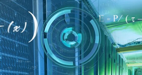 Animation of radar circle with maths equations over data server room - Powered by Adobe