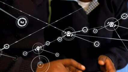 Animation of connected graph and person with globe icons over african american boys using cellphone - Powered by Adobe
