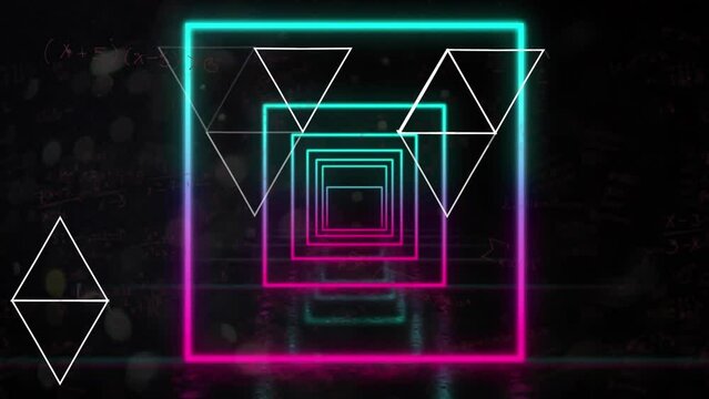 Animation of illuminated square shaped tunnel and triangles on black background