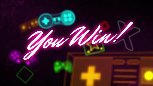 Animation of you win text and various consoles and geometric shapes on abstract background