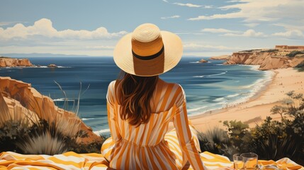 Beautiful woman in a sun hat enjoying the European beach