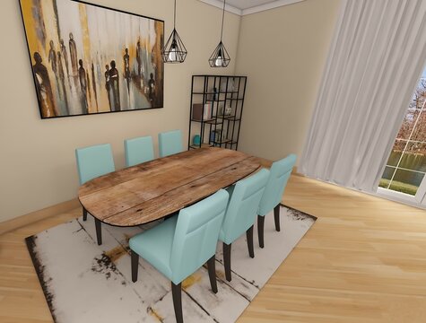 Luminosa sala da pranzo spaziosa con grande tavolo in legno, sedie azzurre, parquet, tappeto, quadro grande, tende chiare e finestra a vetri, pareti chiare