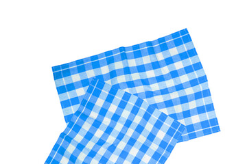 Closeup of two blue and white checkered napkin or tablecloth texture isolated on white background....