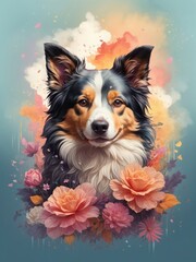 Artistic portrait of a beautiful dog with flowers. Generative AI