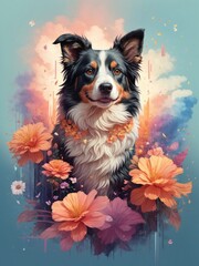 Fototapeta premium Artistic portrait of a beautiful dog with flowers. Generative AI