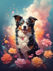 Artistic portrait of a beautiful dog with flowers. Generative AI