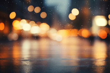 Blurry background on a dark rainy evening with lights creating a bokeh effect