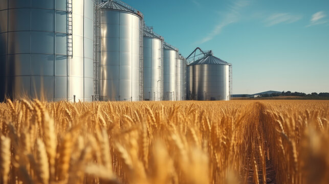 Metallic cylindrical storage silos next to a cultivation field with copy space