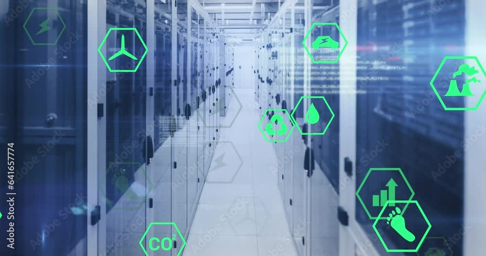 Poster animation of icons and lens flares with computer language over data server racks in server room