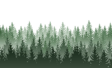 Seamless green misty coniferous forest pattern isolated on transparent background - 641657726