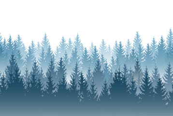 Misty forest landscape with detailed blue silhouettes of coniferous trees on transparent background - seamless pattern
