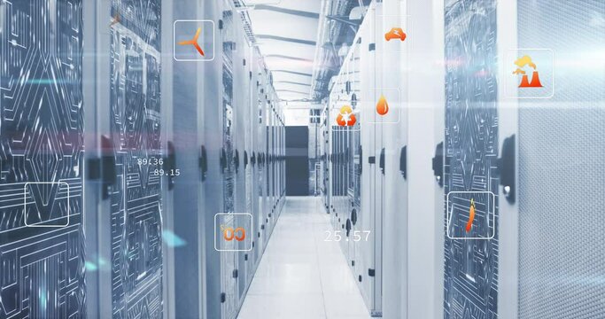 Animation of multiple icons over circuit board pattern on server racks in server room