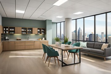 modern large windows breakroom with cozy seating