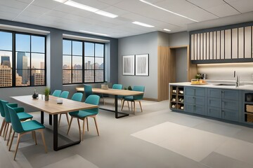 modern large windows breakroom with cozy seating