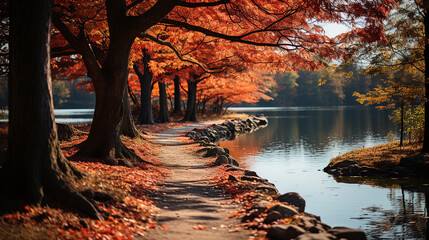 Autumn trees along a lake in the park. Colorful autumn landscape.