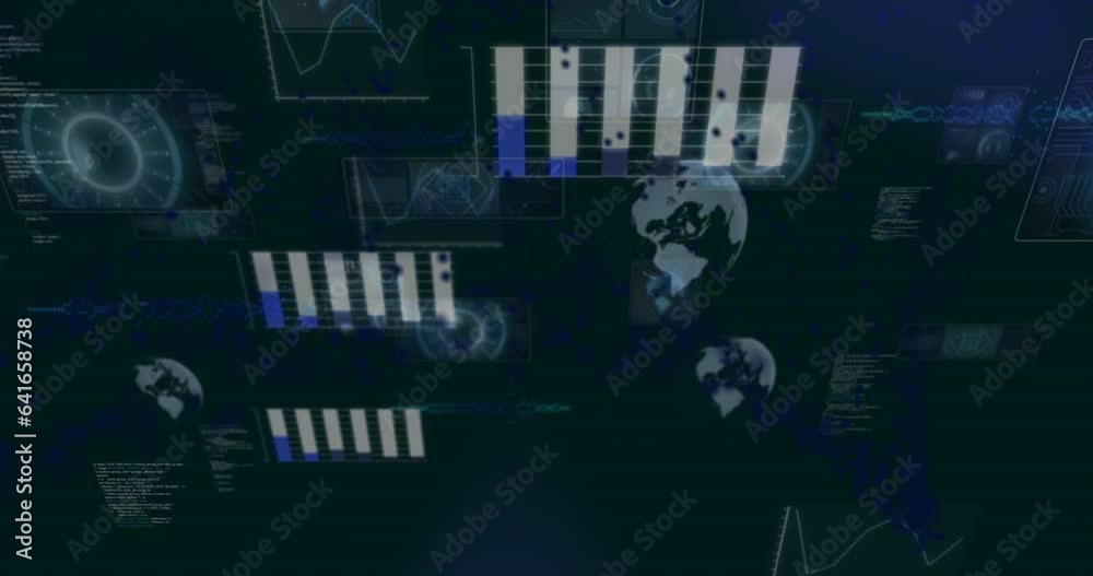 Aufkleber animation of moving screens with scanning circles, graphs, globe and programming languages