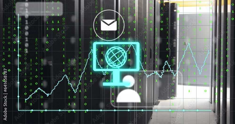 Poster animation of computer with globe, binary codes, graphs, social media icons over data server room