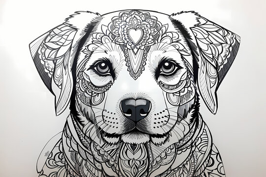 Printable coloring page of cute dog on white background - mandala theme. Image created using artificial intelligence.