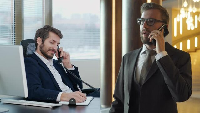 Split screen, young businessman sitting at the workplace in office and talking to the top manager in a hotel, financial meeting, video collage, portraits.