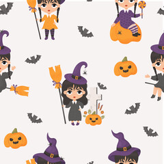 Seamless pattern Halloween. Cute witch girls with braids and broom near grave cross with bats and pumpkin Jack with lollipops on light background. Vector illustration in cartoon style Kids collection.
