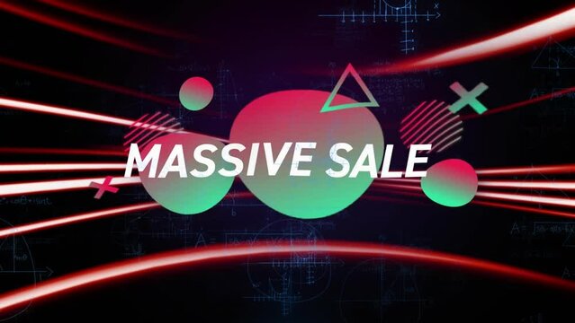 Animation of massive sale text with shapes over mathematical equations and lens flare
