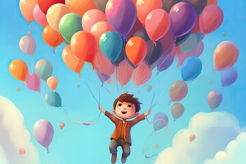 little child fly with colorful balloons illustration