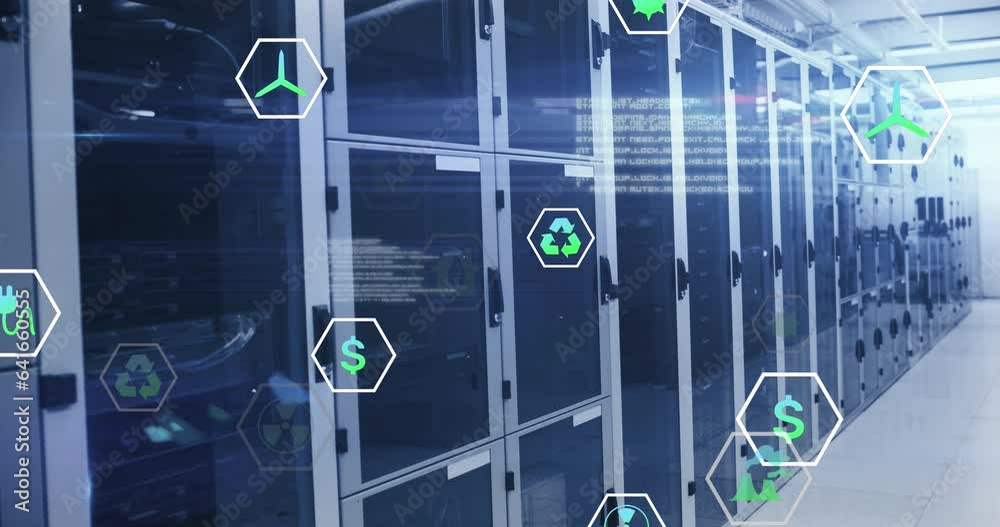 Poster animation of icons and lens flares with computer language over data server racks in server room