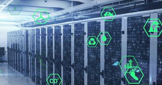 Animation of multiple icons and lens flares over binary codes on data server racks