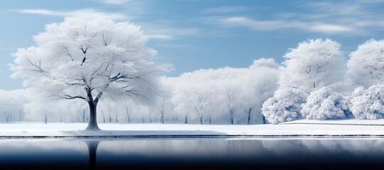 A serene wallpaper, showcasing an aged solitary tree by the lake with its reflection on the water and a snow-covered forest in the background. Photorealistic illustration, Generative AI
