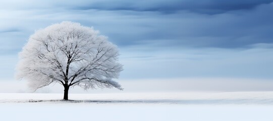 Fototapeta na wymiar A captivating background image for creative content, featuring a solitary tree standing atop a snow-covered hill. Photorealistic illustration, Generative AI